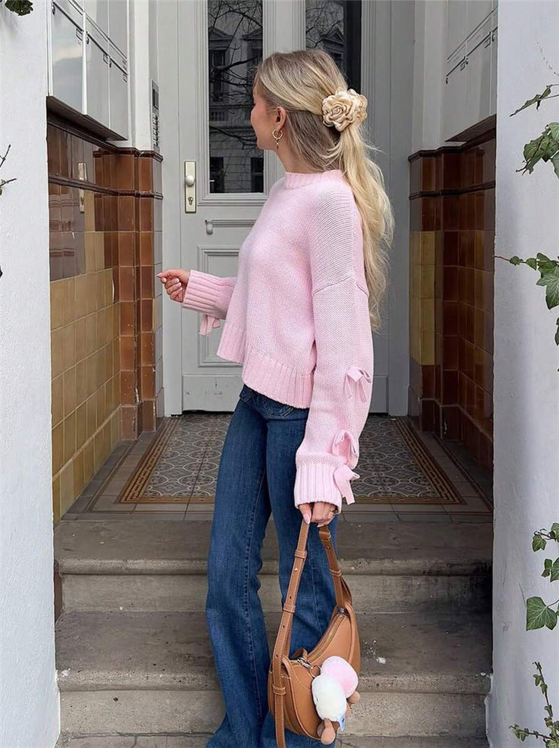 Bow Detail Sleeve Short Loose Pullover Pink