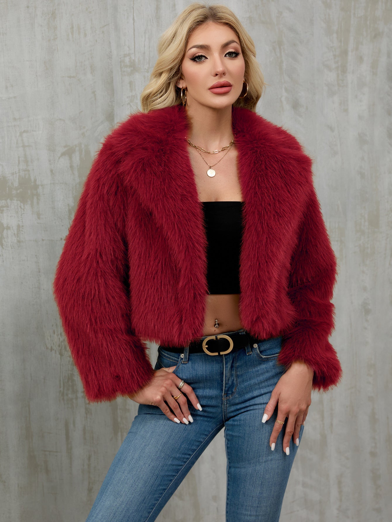 Plush Short Jacket Faux Fur Coat Suit Collar Outer Coat Burgundy