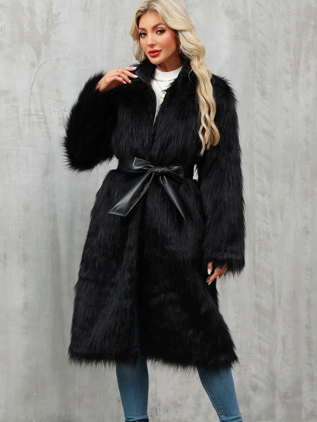 Long Faux Fur Coat Thickened Coat Faux Fur Black