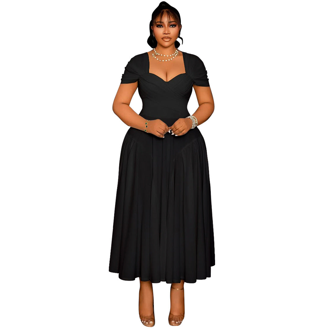 Plus Size Elegant Long Tube Top Collar Cinched Cap Sleeve Dress Black
