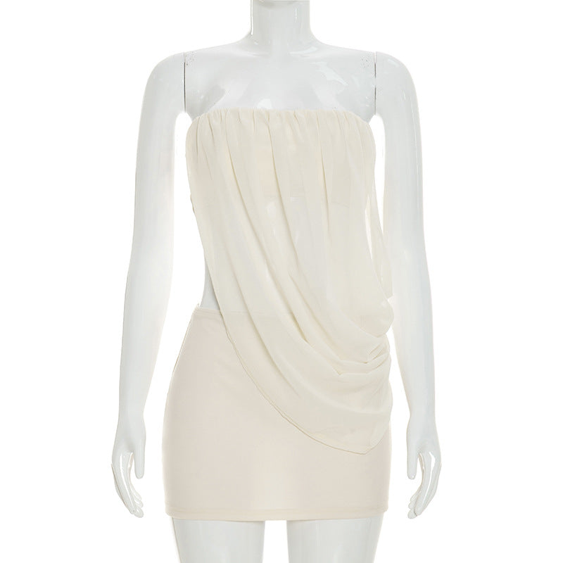 Women Clothing Summer Solid Color Chiffon Stitching Tube Top Package Hip Skirt Two Piece Sets Apricot
