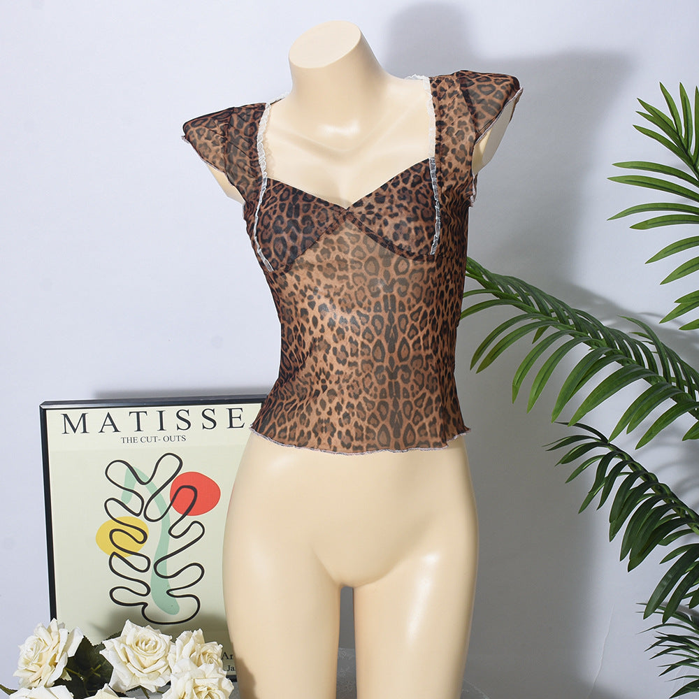 Sexy V Neck Cropped Leopard Print Printing top Leopard