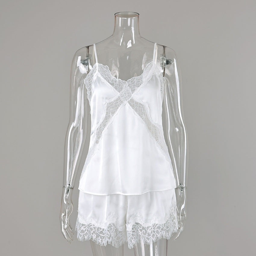 White Satin Cami with Short Set Eyelash Inserts & Trim White