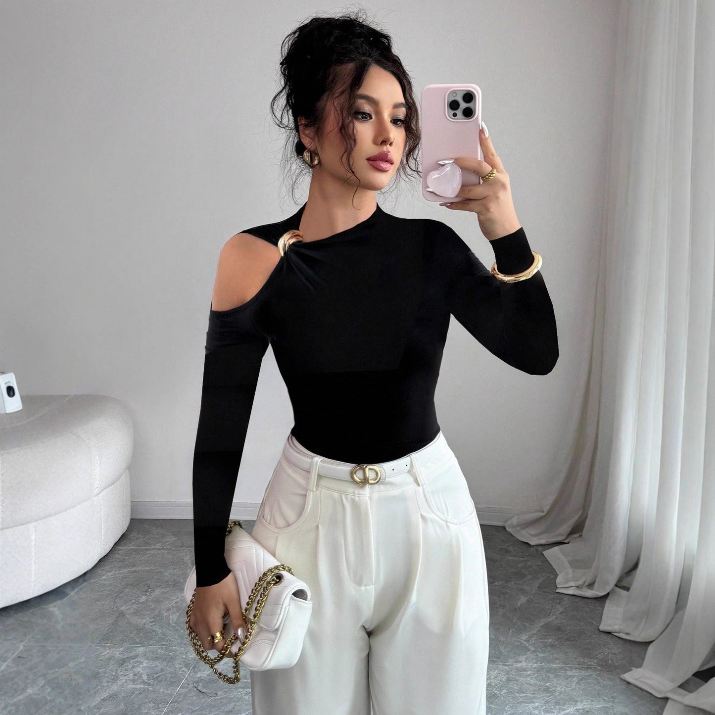 Black Asymmetric One Side off Shoulder Metal hardware top Black