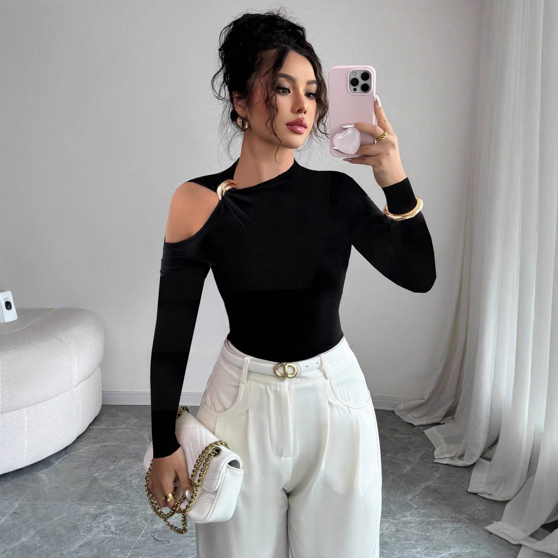 Black Asymmetric One Side off Shoulder Metal hardware top Black
