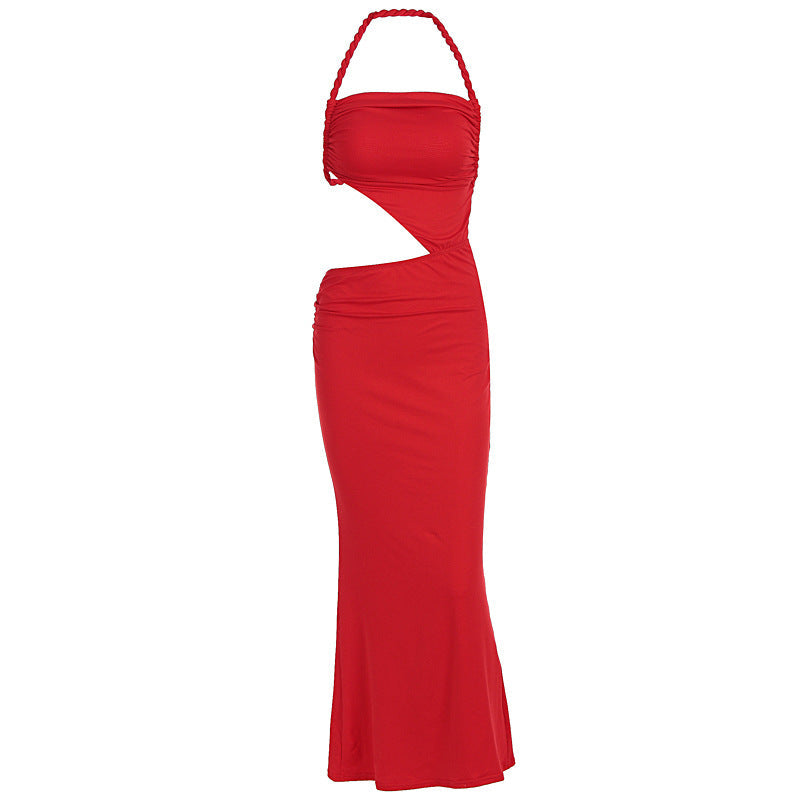 Sexy Red Body Con Braid Rope Long Sleeveless Shirred Dress