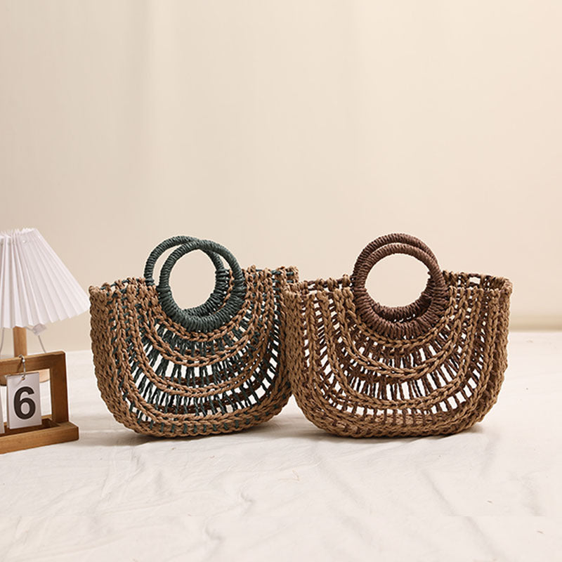 Straw Weaved Bag Round Handle Vacation Beach Bag
