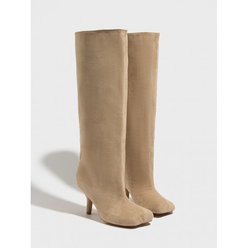 Knee High Suede Wide Calf Square Head Cover High Leg Kitten Heel Boot Khaki