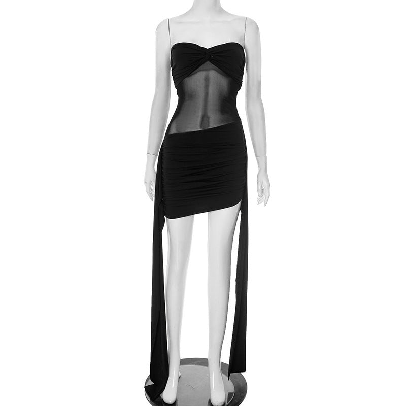 Women's Tube Dress w/ Shirring w/ sashes on side Black