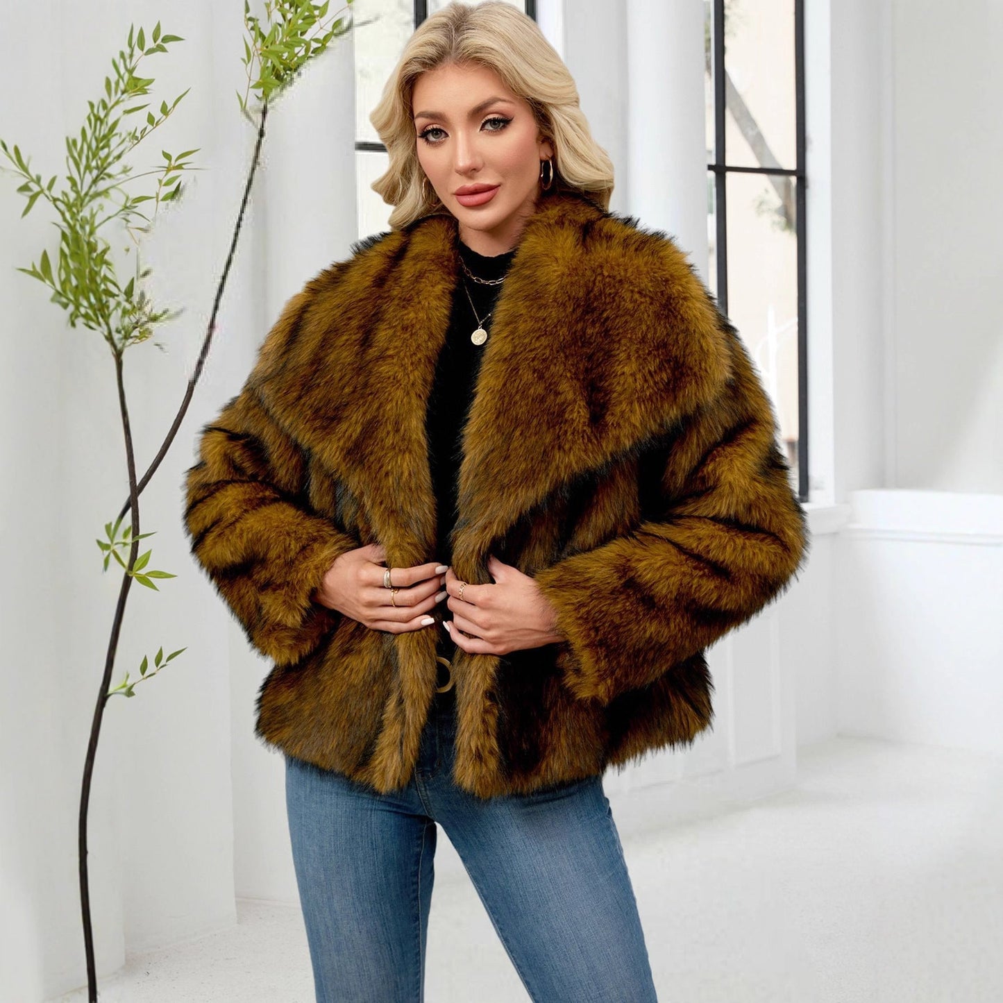 Faux Fur Warm Fluffy Coat with Large Collar Yellow with Silk