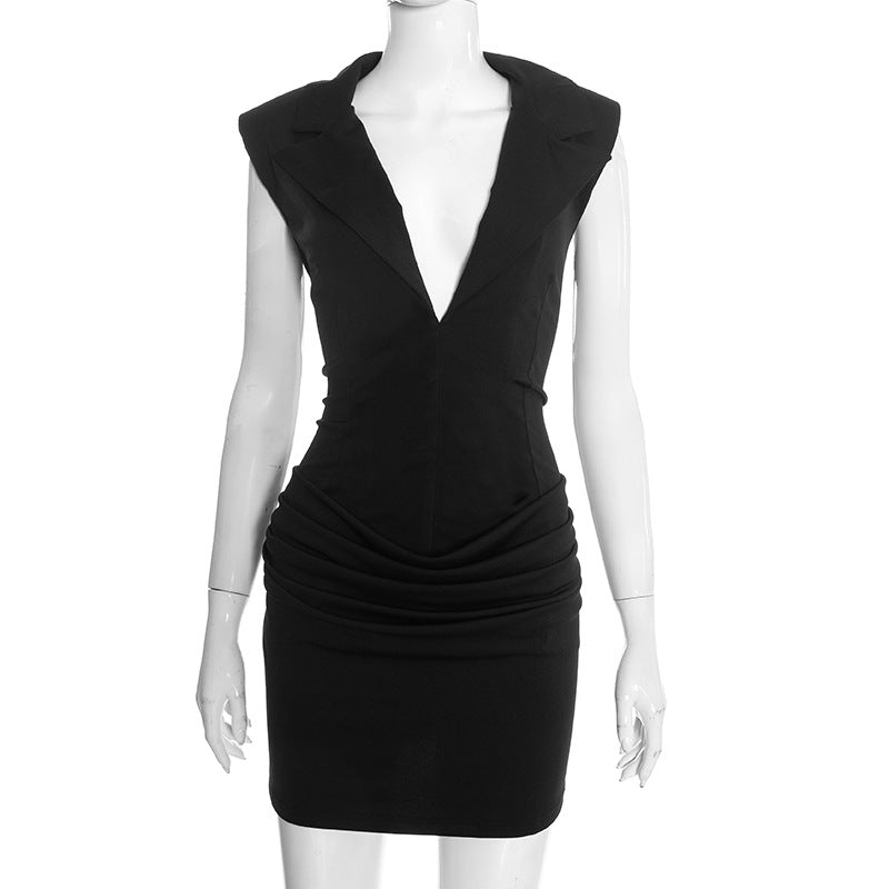 Sleeveless Sheath Deep V Neck Low Cut Short Dress w/ Collar Shirring at Waist Black