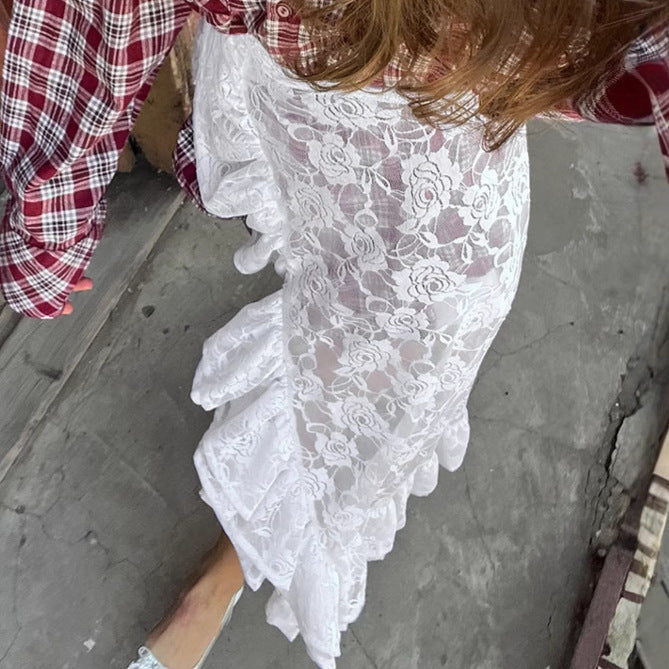 White Lace Ruffle Lace Thigh High Skirt White