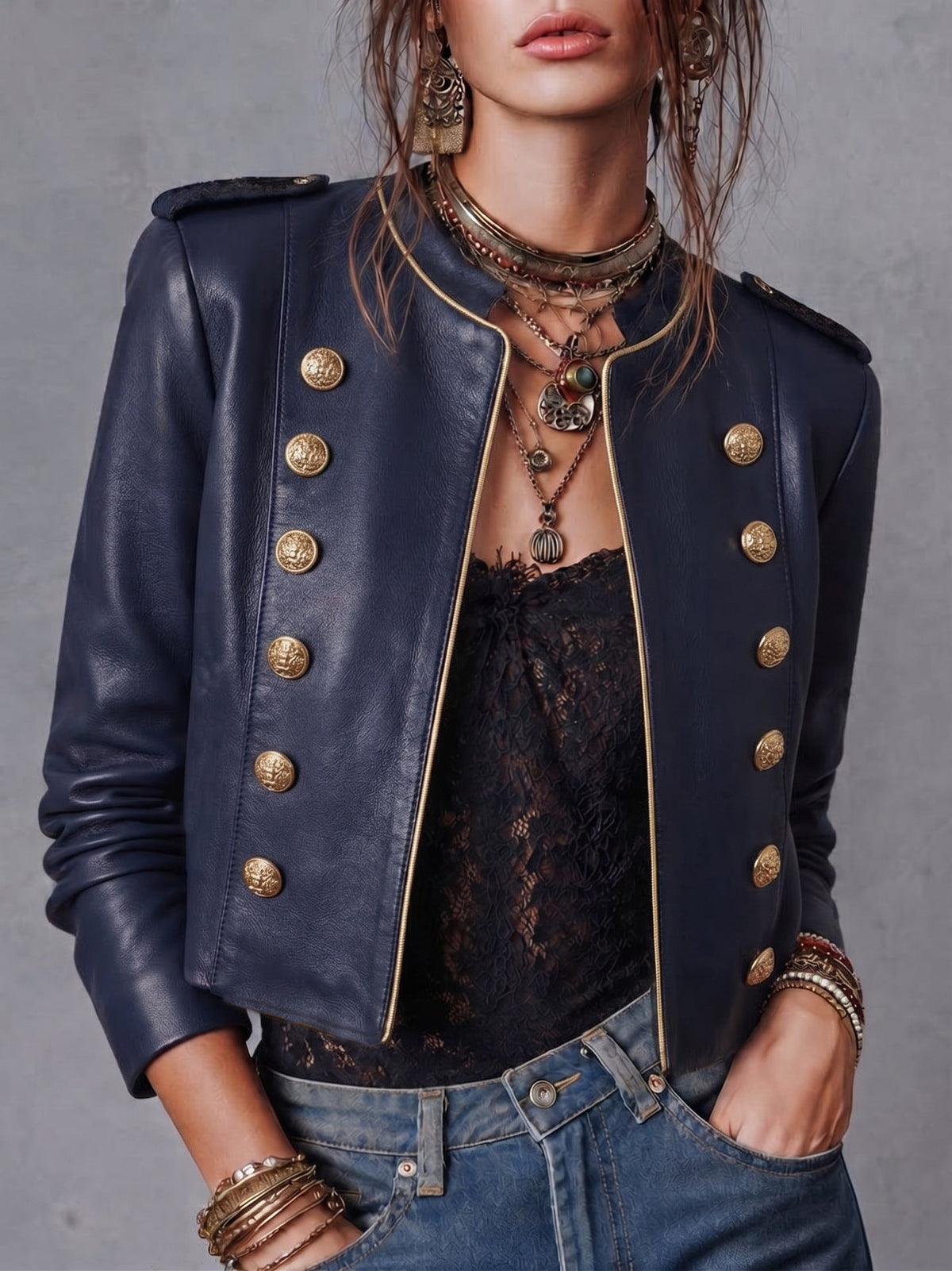 Vintage Double Breasted Faux Leather Military Jacket w/ Gold Buttons