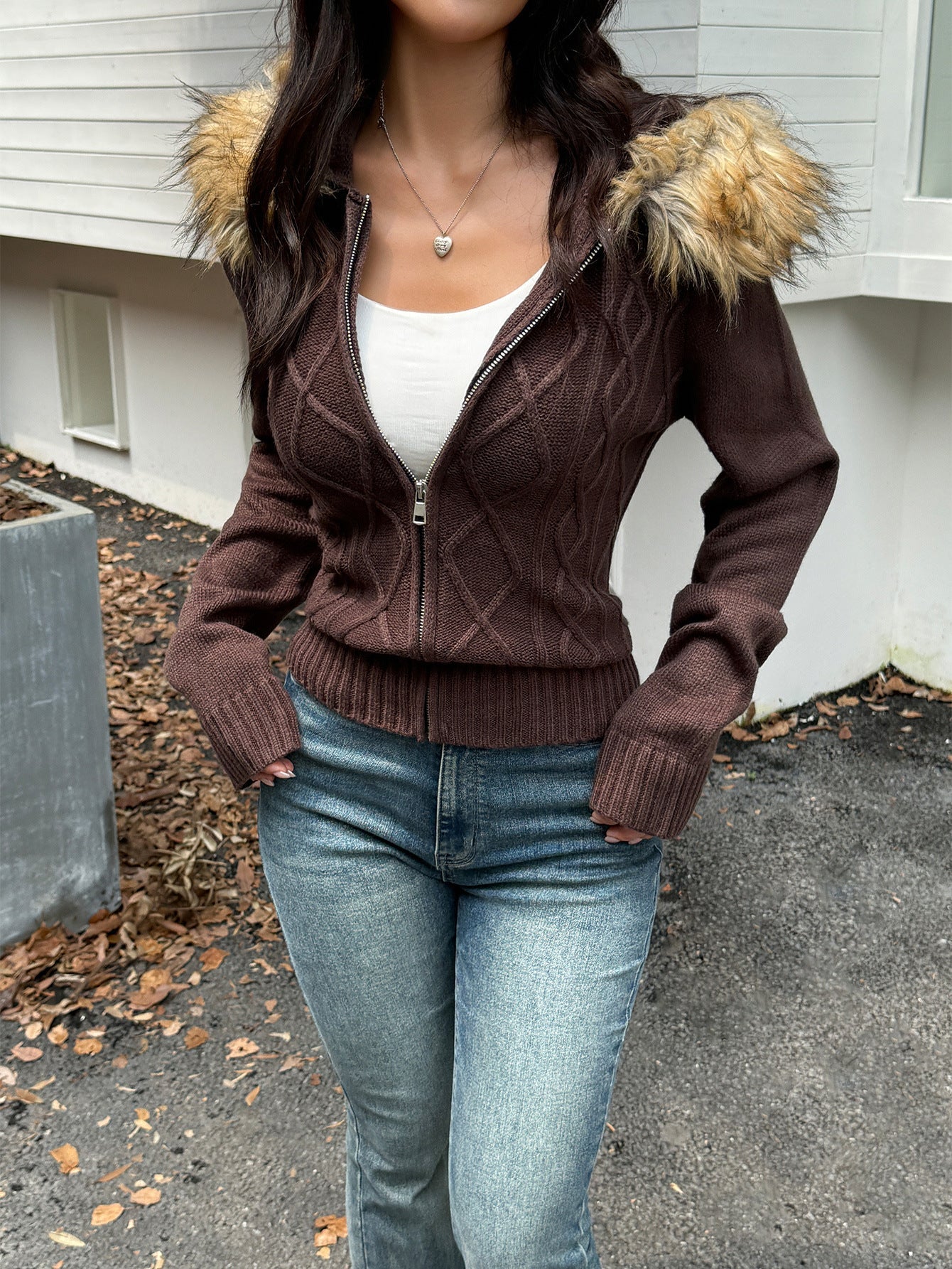 Plush Long Sleeve Sweater Coat Sweater with Fur Brown