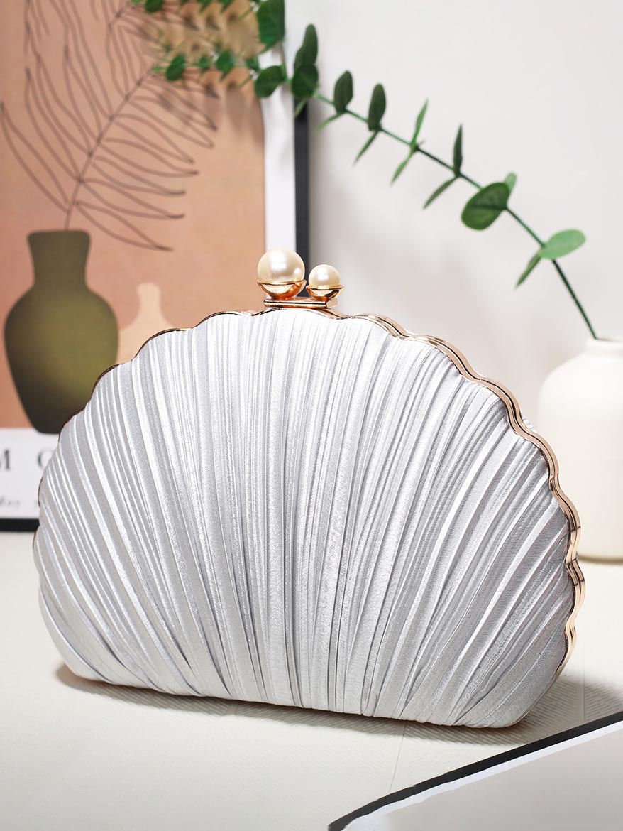 Shell Evening Bag Pleated Clutch Silver