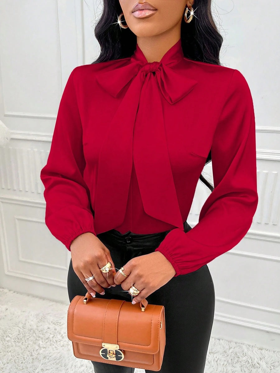 Satin Shirt Bow Long Sleeve Top Red