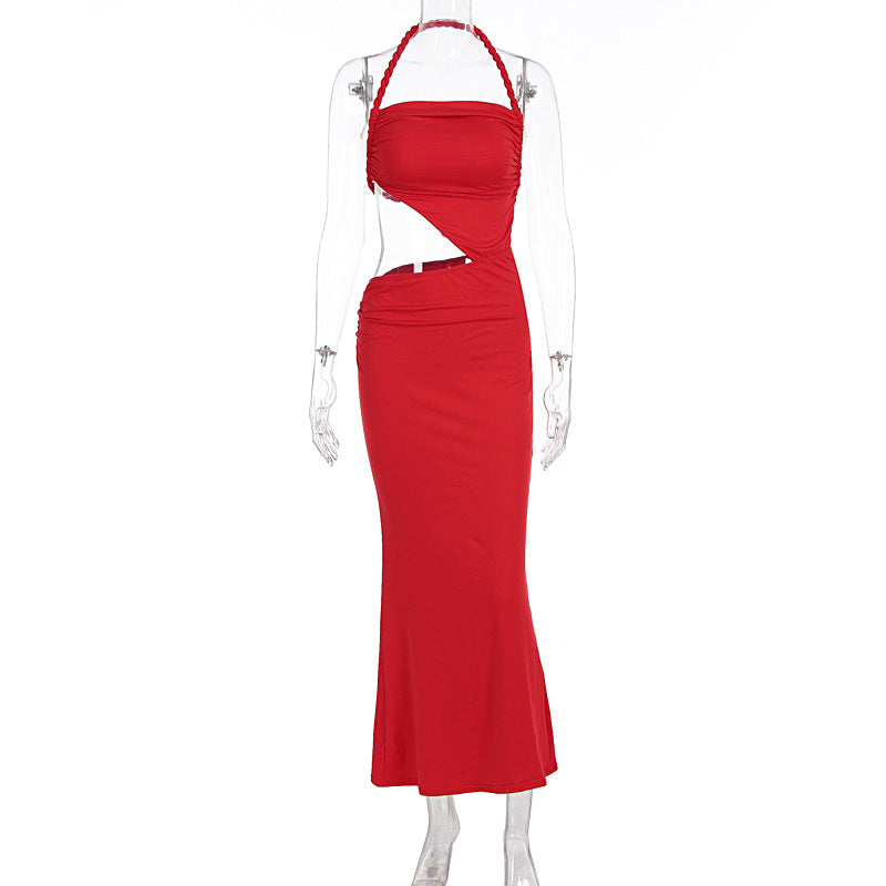 Sexy Red Body Con Braid Rope Long Sleeveless Shirred Dress Red