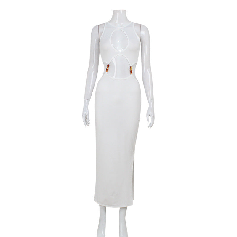 Sexy Hollow Out Cutout Long Maxi Dress w/Bead Detail in Blk or White White