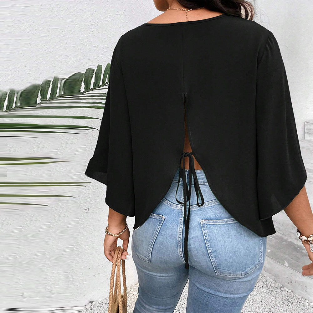 Plus Size Women Clothing Loose Fitting Casual T shirt Autumn Winter Bell Sleeve Black Slimming Short Top