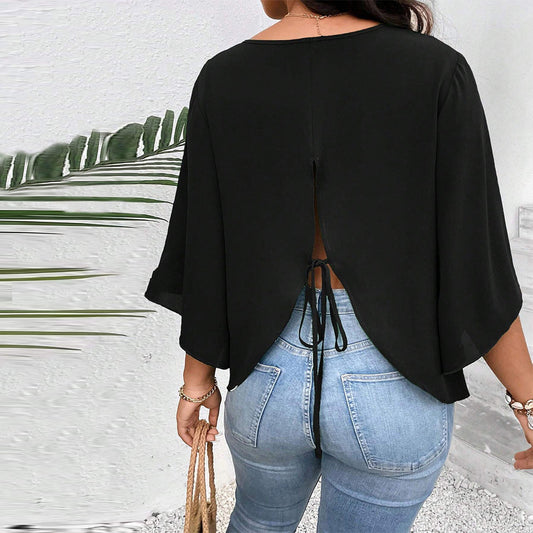 Plus Size Women Clothing Loose Fitting Casual T shirt Autumn Winter Bell Sleeve Black Slimming Short Top