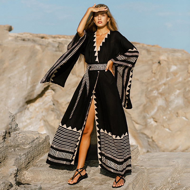 Black with Contrast Cover up Caftan Festival Look One Size Multi