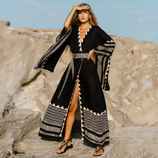 Black with Contrast Cover up Caftan Festival Look One Size Multi