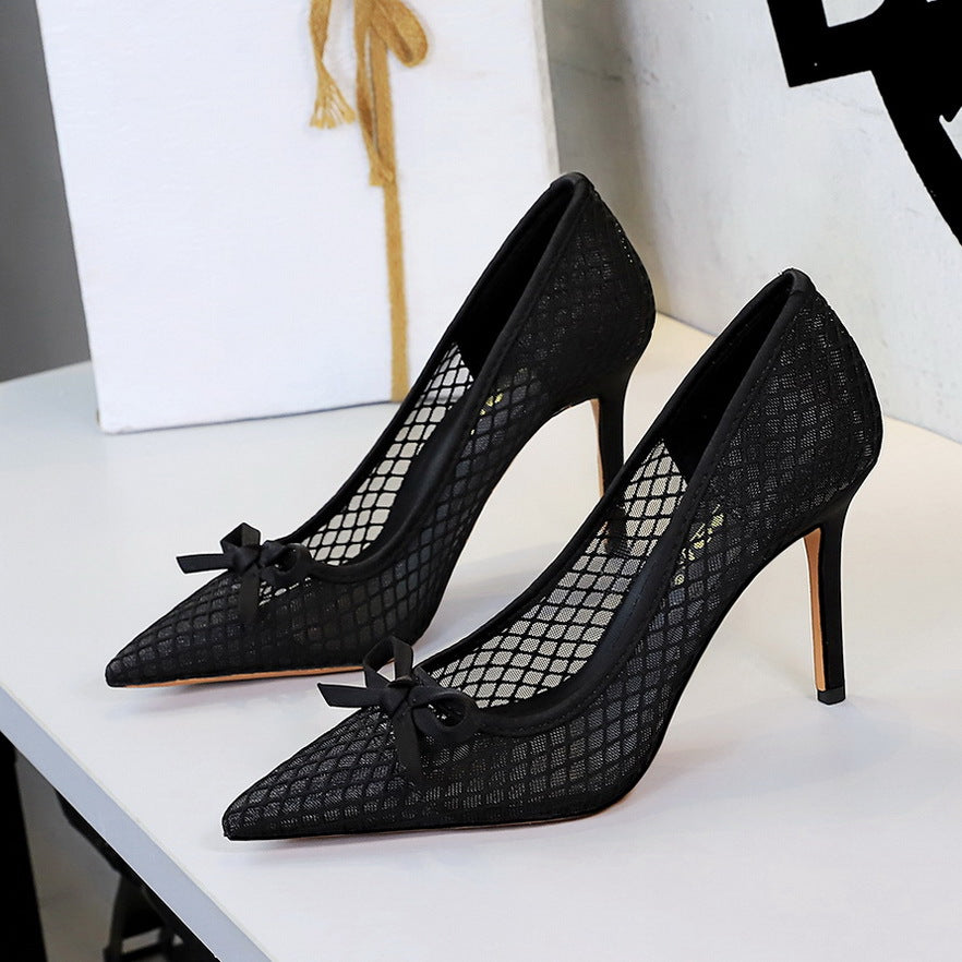 Bow Pointed Shallow Mouth Mesh Lace Stiletto Black