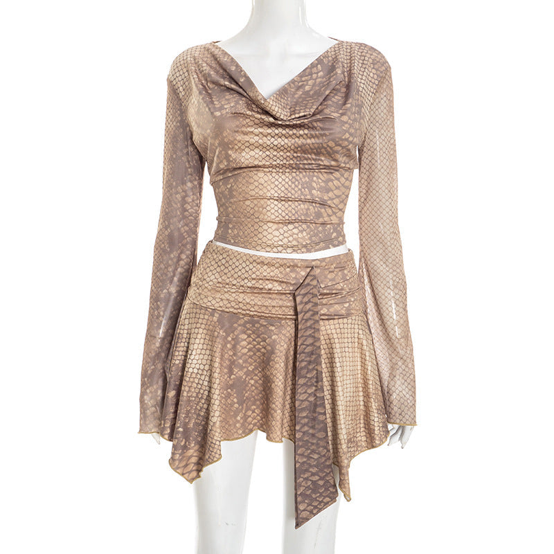 ladies Y2K Snake Printed Long Sleeved Top Cowl Neck Hankie Hem Skirt Set Snake