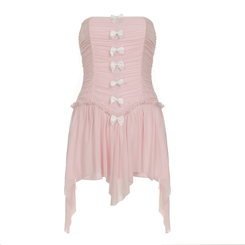 Y2K Baby Pink Hankie Hem Tube Dress with Contrast Bows Pink