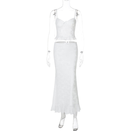 Lades White Sexy Lace Long White Maxi Skirt with Matching Cami Ivory