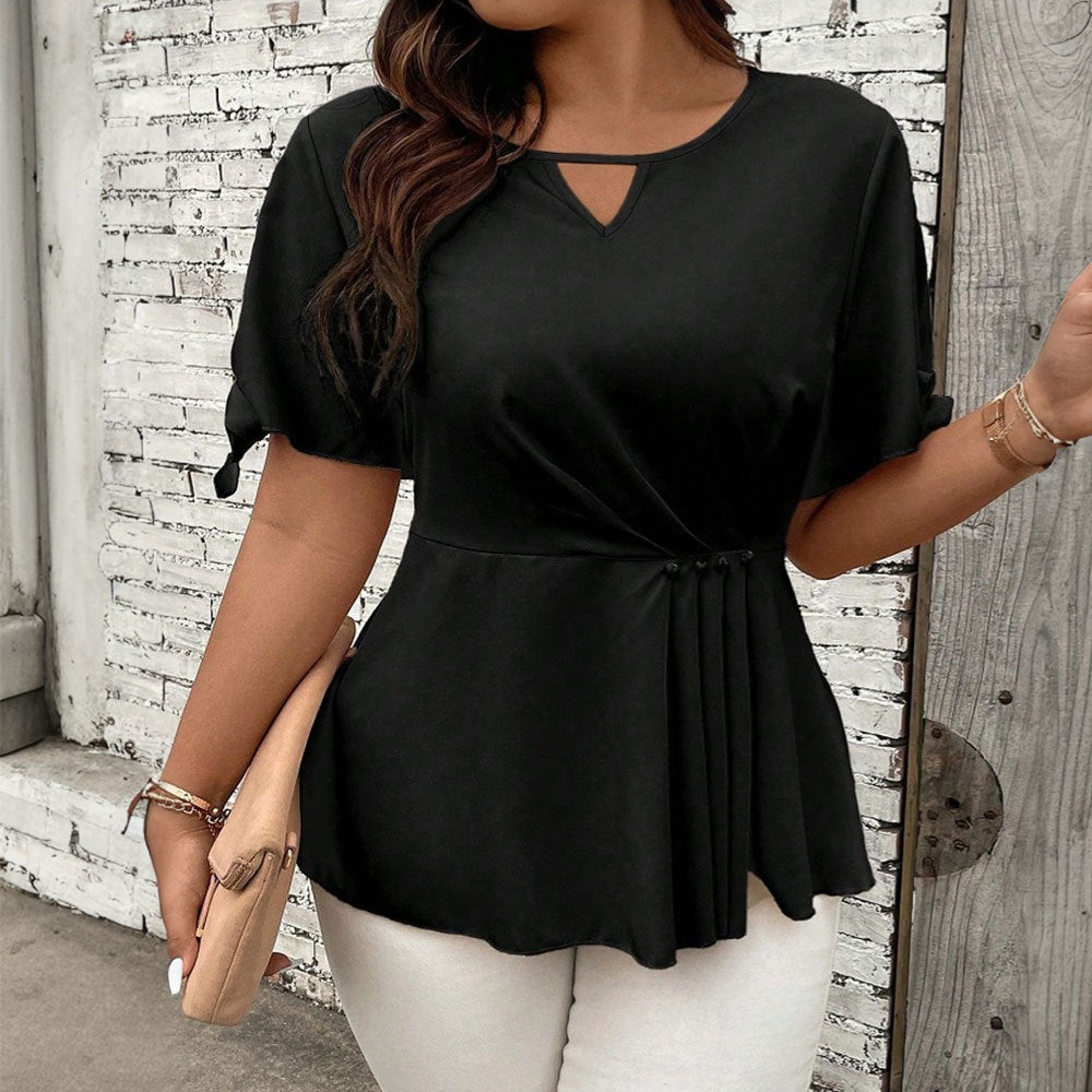 Plus Size Summer V neck Hollow Out Cutout out Cinched Slimming Pullover Elegant Ruffle Flab Hiding Short Sleeve