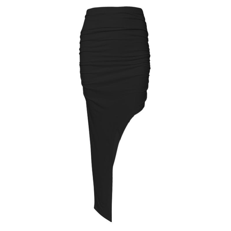 Sexy Knit Asymmetric High Slit Skirt in Blk or White with Shirring on Side Black