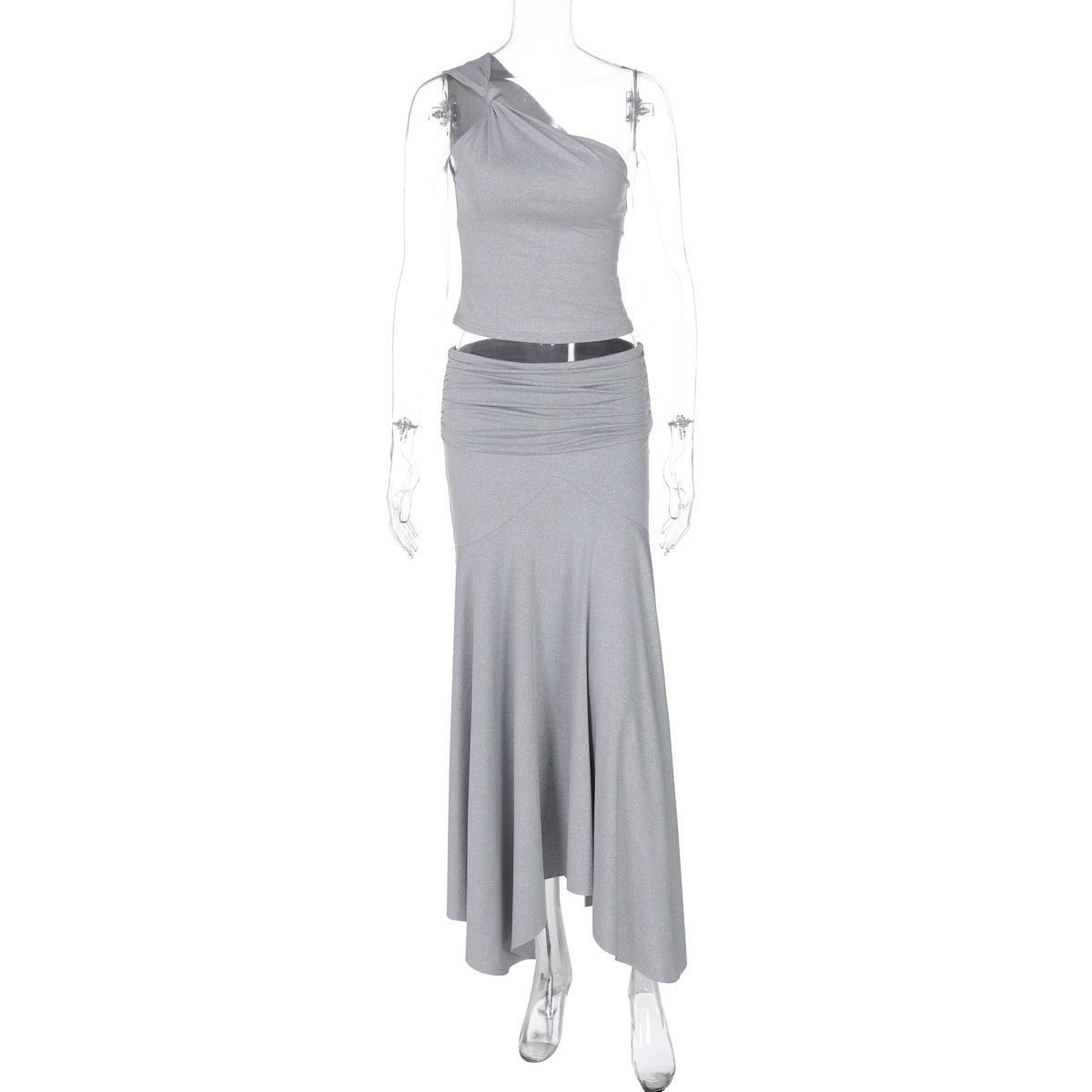 One Shoulder Sleeveless Cropped Small Tank Top with Hip Hugging Midi skirt