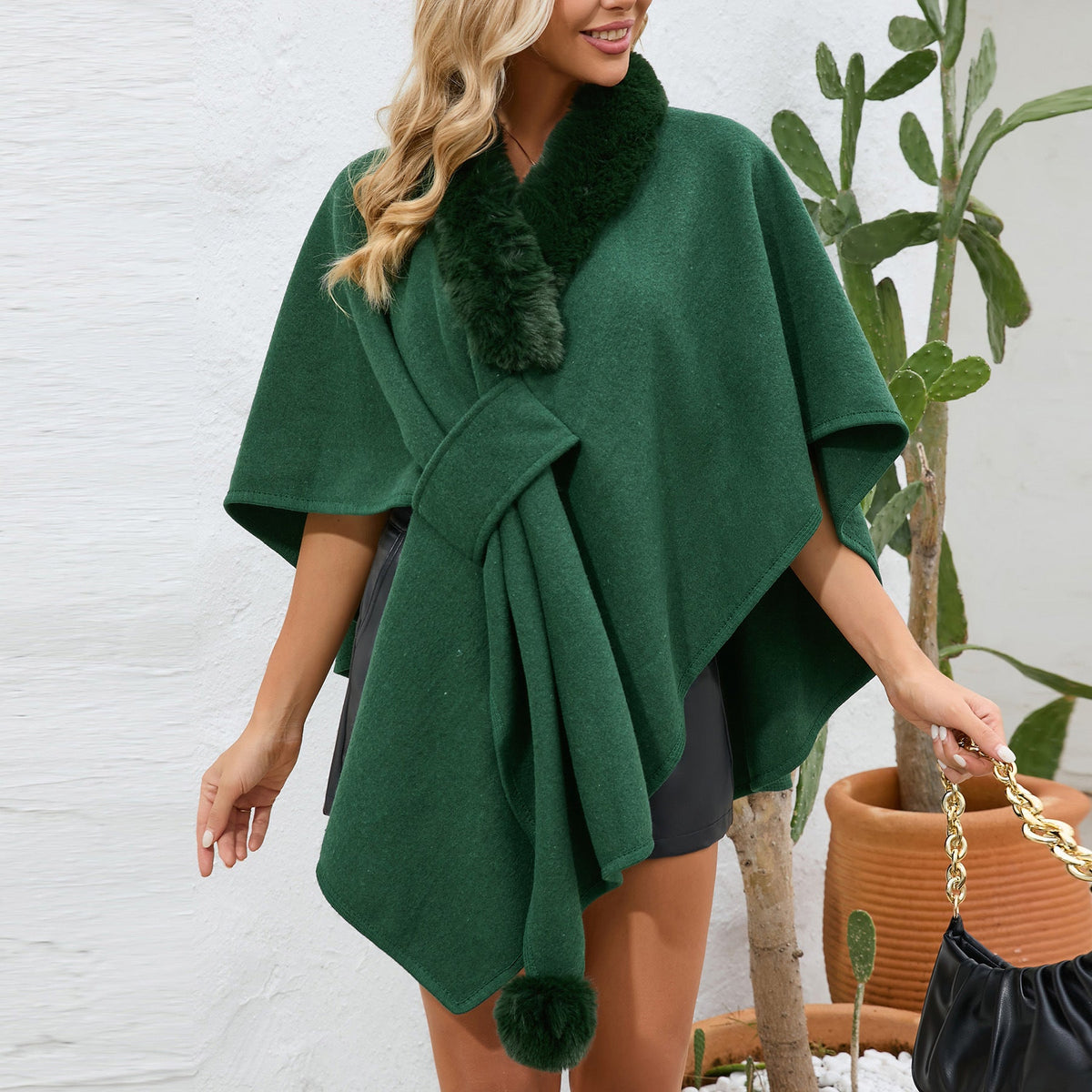Women Autumn Winter Fur Collar Cape Shawl Women Loose Knitted Cardigan Oversized Woolen Coat