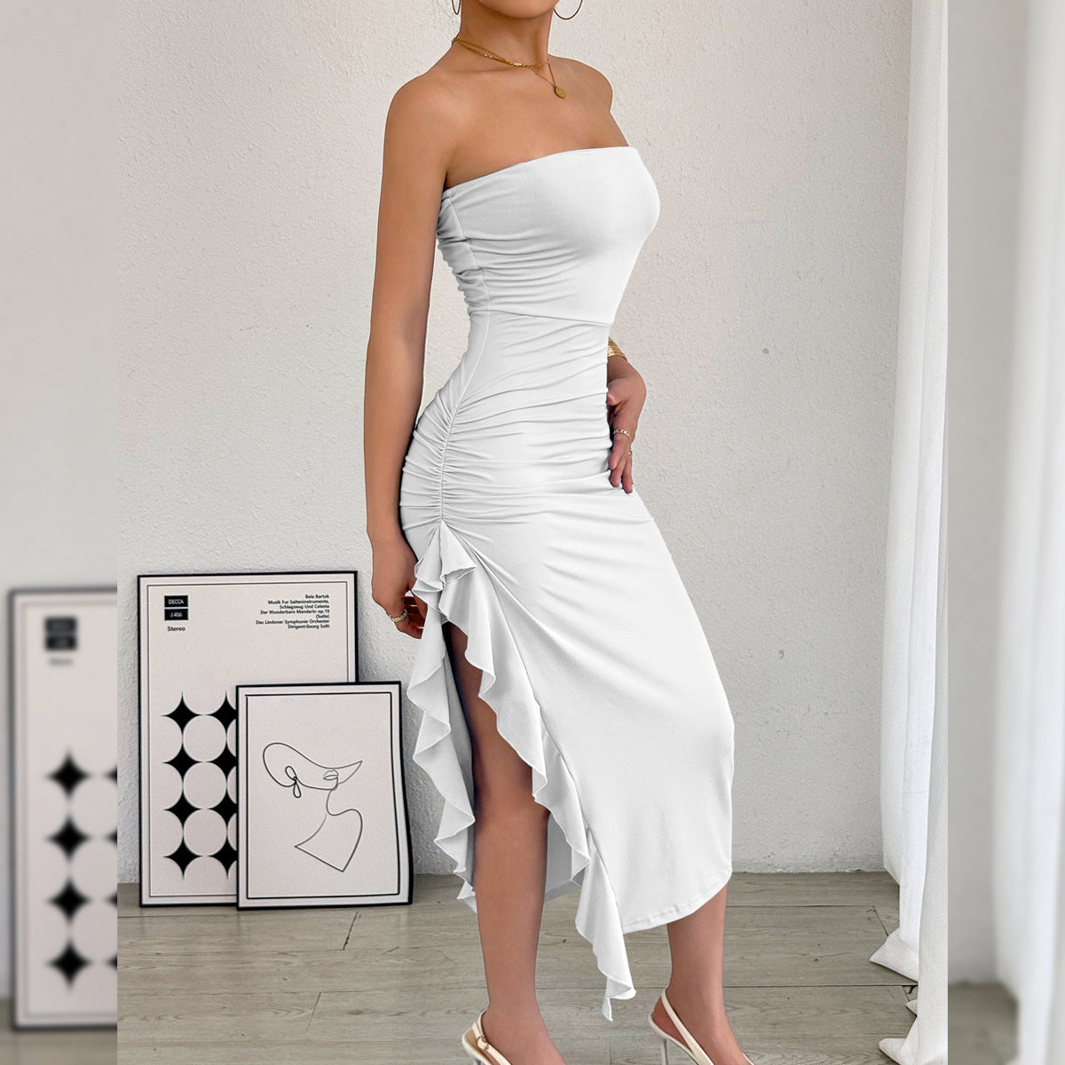 Strapless Long Slim Fit Dress w/ Ruffle on Side White