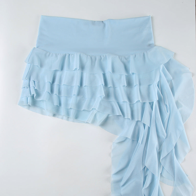 Streamer Tiered Skirt Bohemian Solid Color Pleated Ruffles Irregular Asymmetric Skirt Blue