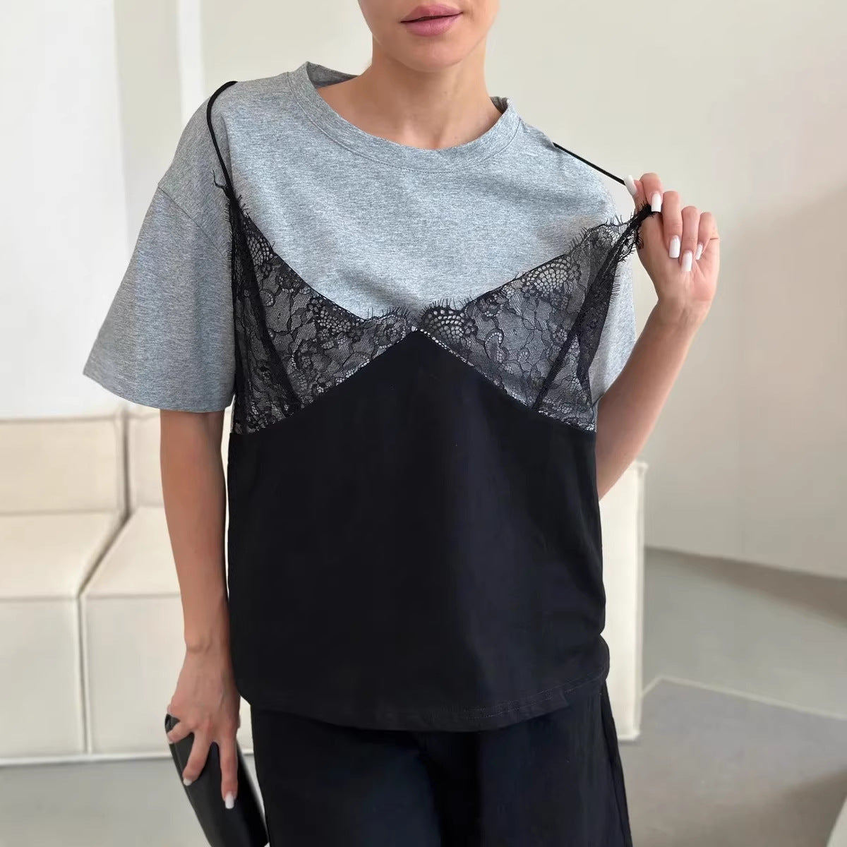 Sexy Women Lace Cami Over T -Shirt
