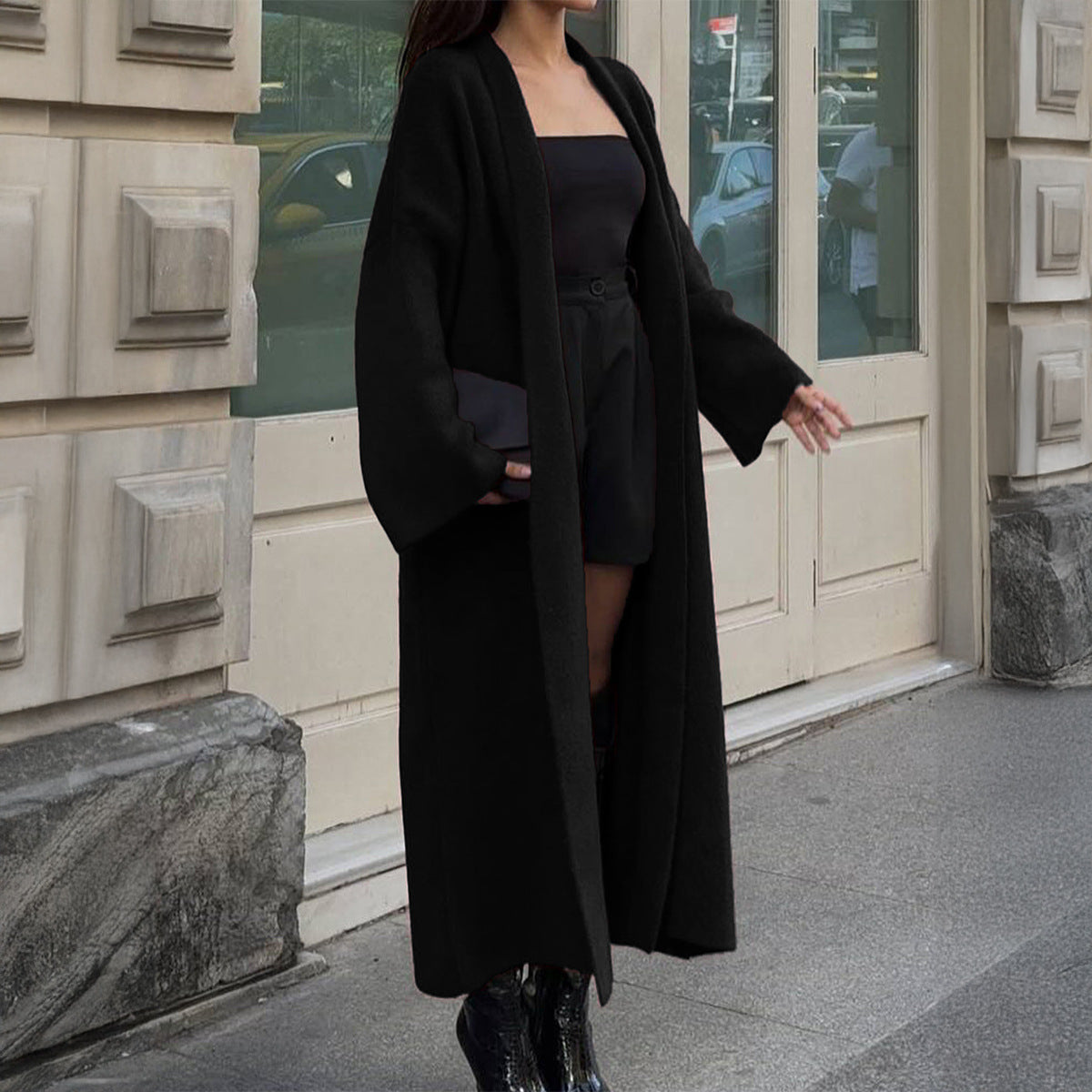 Long Sleeve Cozy Oversized Trench Coat Like Sweater Black