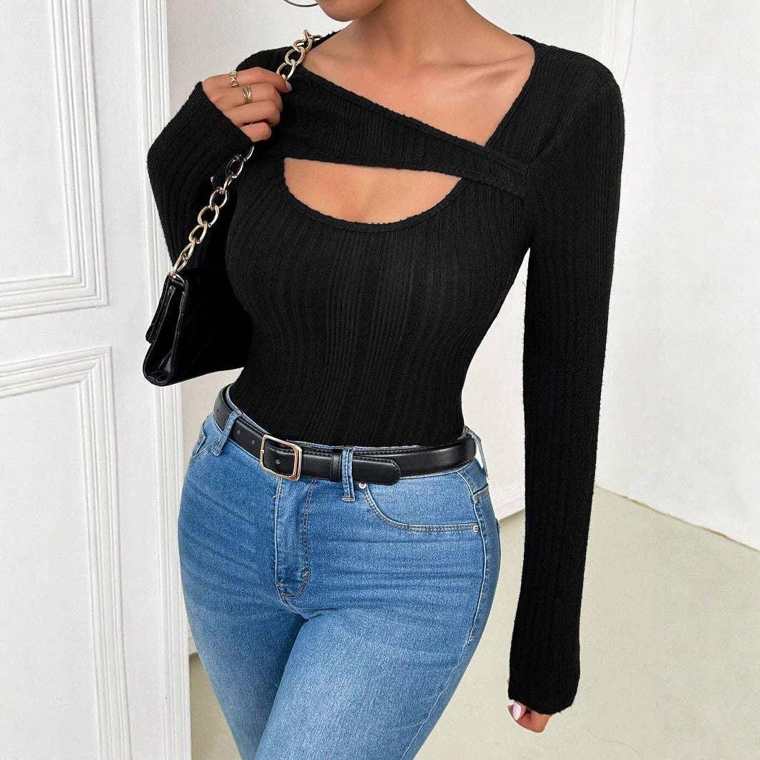 Black Asymmetric Collar Hollow Out Cutout Long Sleeved Top