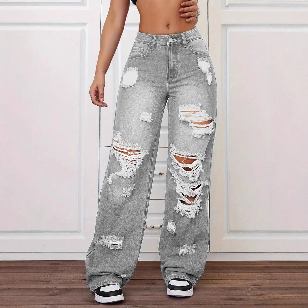 Ripped Jeans Washed High Waist Straight All Matching Loose Denim Trousers Women Jeans Gray
