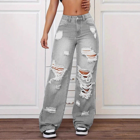 Ripped Jeans Washed High Waist Straight All Matching Loose Denim Trousers Women Jeans Gray