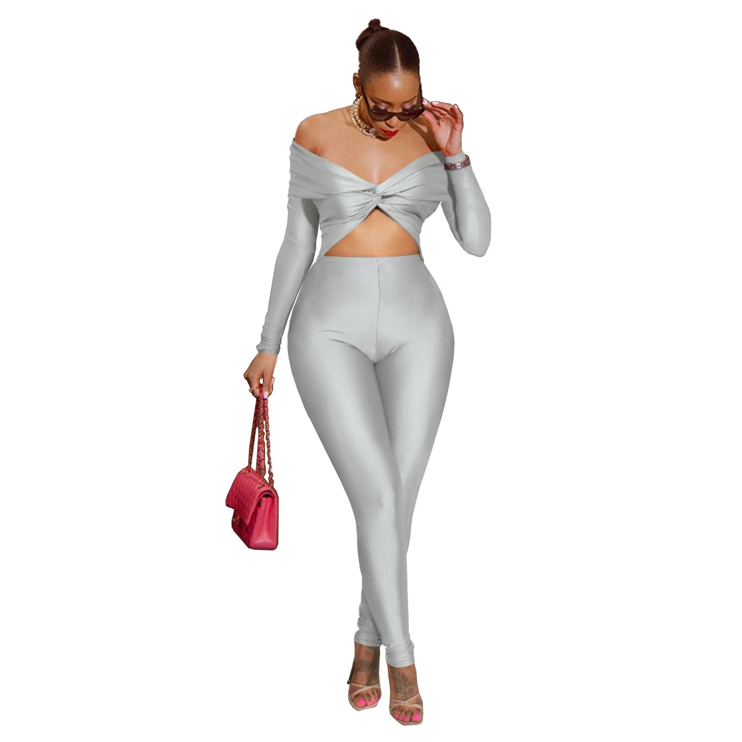 Ladies Sexy Twist Hollow Out Cutout Cropped High Waist Long Sleeve Jumpsuit Silver