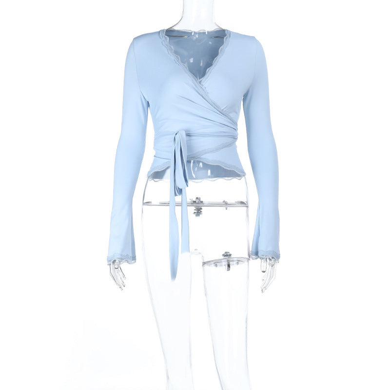 Baby Blue Lace V neck with Lace Trim Long Sleeve Cropped Top Blue
