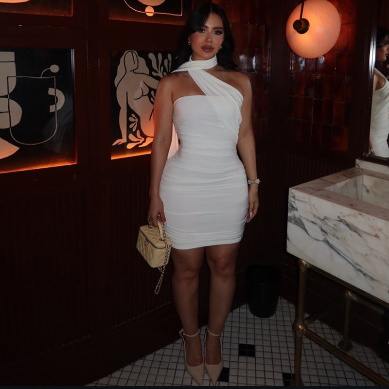 Sexy Halter Shirred Mini Tube Dress with Scarf Detail
