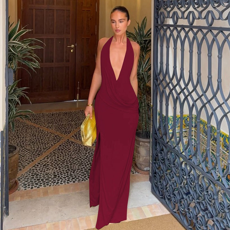 Sexy Low Cut Deep V Plunge neck Halter Strap Backless Slit Dress