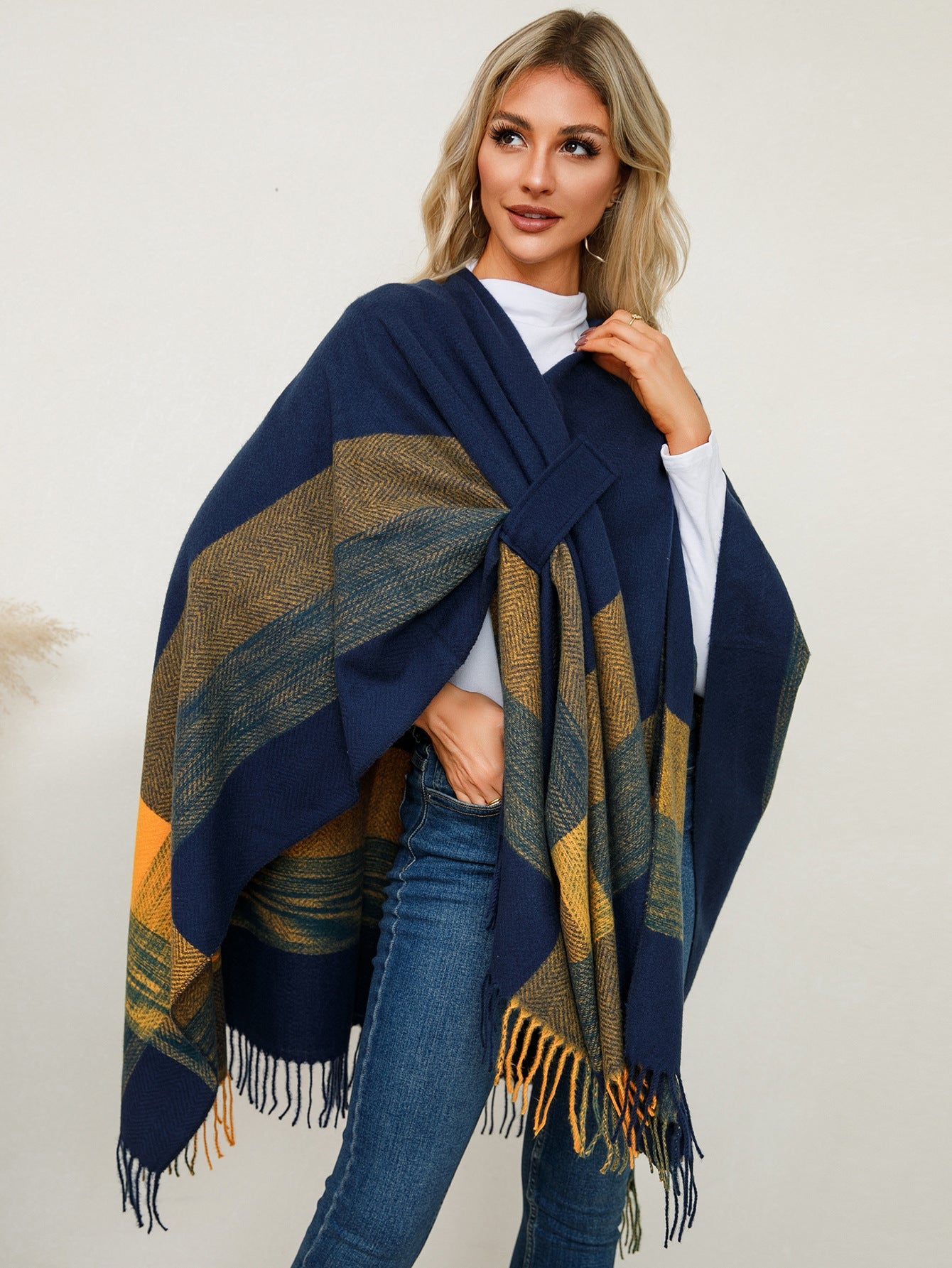Shawl Scarf Cashmere-Like Knitted Cape/ Wrap/Shawl F Blue