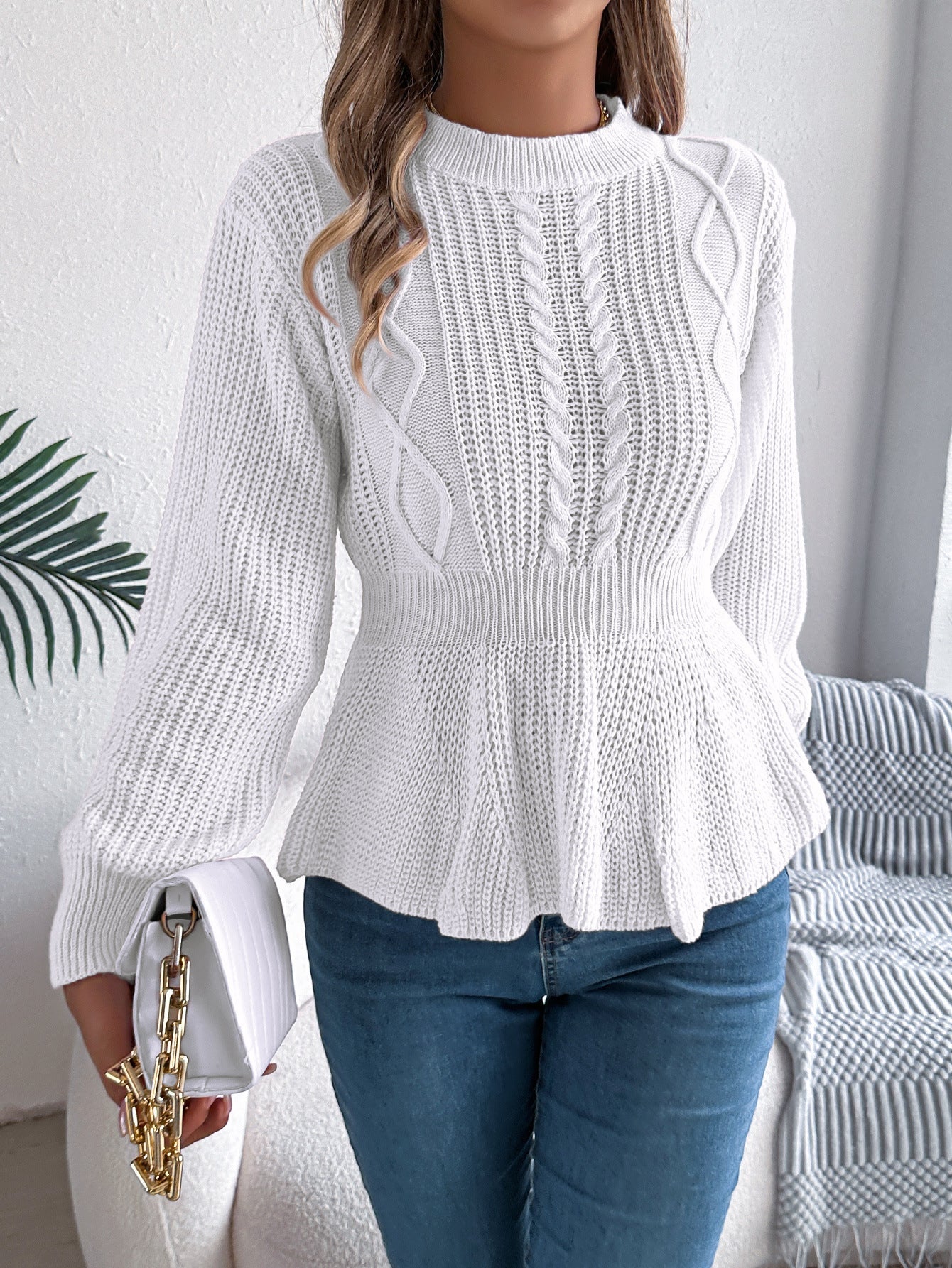 Twist Waist Trimming Ruffles Long Sleeve Pullover Sweater White
