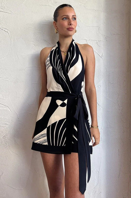 Women Nordic Classic Printing Sexy Halter Backless Dress Simple Waist Fitted Short Dress for Women Black and White