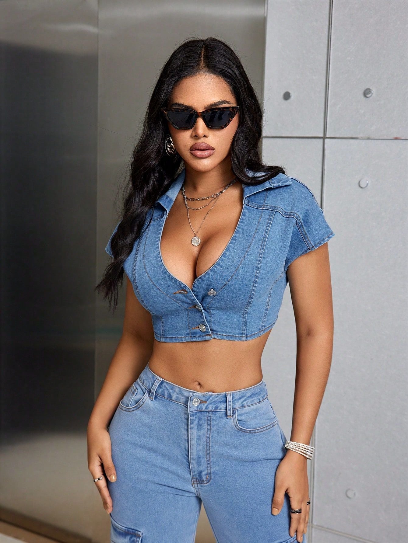 Y2K Cropped Denim Low Cut Top w/Collar & Front Buttons S Blue