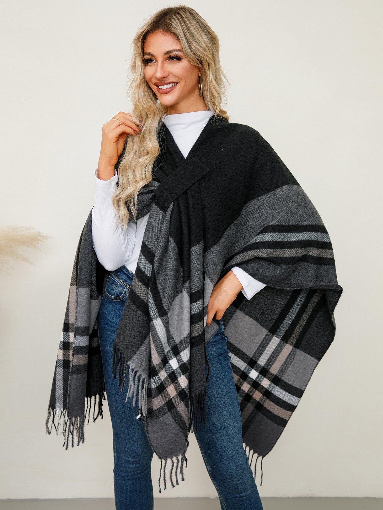 Shawl Scarf Cashmere-Like Knitted Cape/ Wrap/Shawl F Black